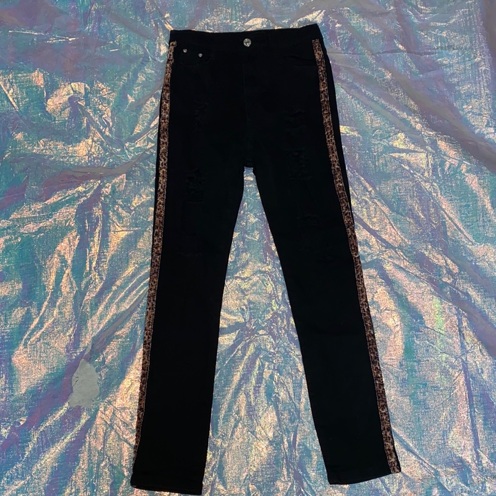Black ripped skinny jeans with cheetah detail